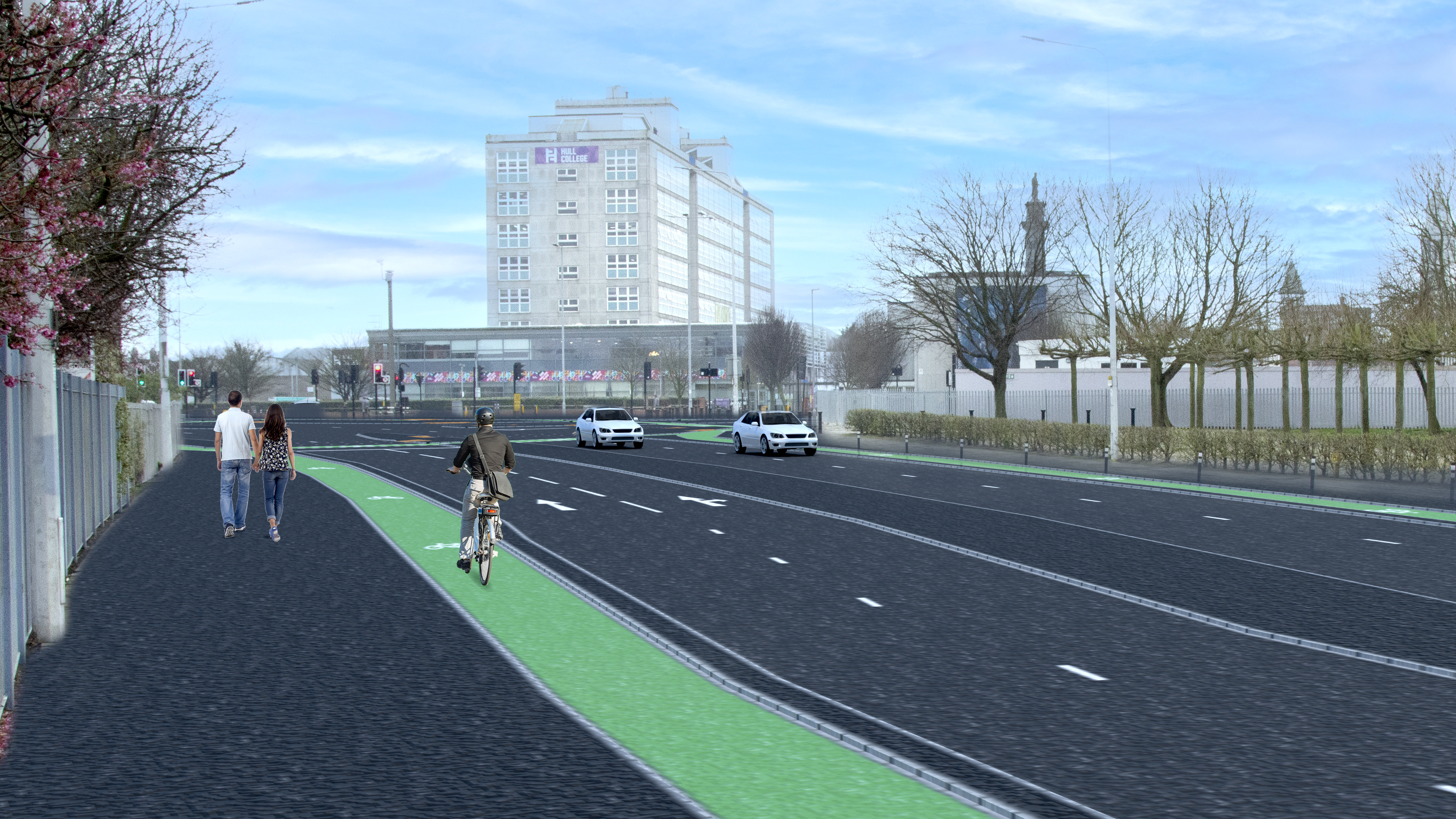An artist impression of how the Freetown Way Scheme could look, with two lanes of traffic in both directions and new off-road cycle tracks with Hull College in the background