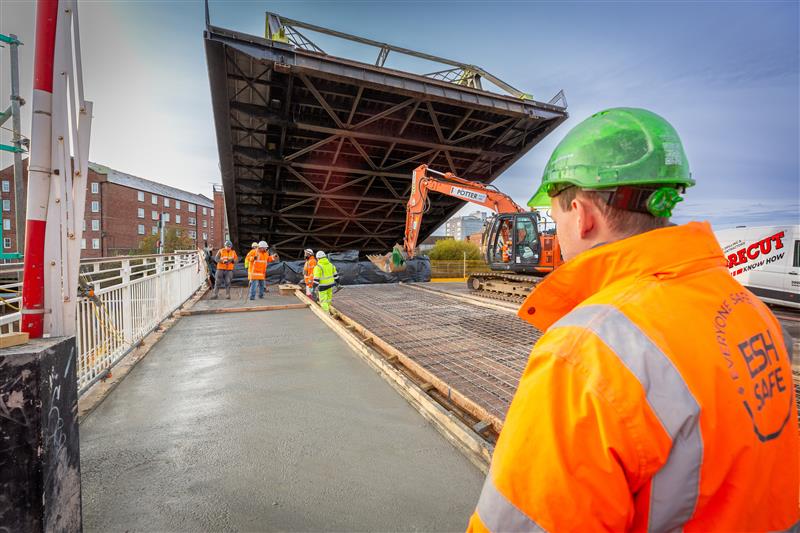 Hull City Council's contractor, Esh Construction, pours concrete on Drypool Bridge as part of the repair and strengthening programme for the structure.