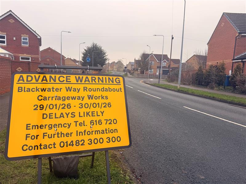 A road sign advertising the resurfacing works planned for Blackwater Way Roundabout.