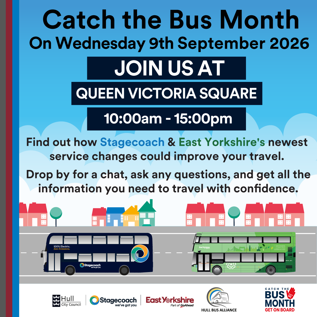 A graphic promoting a Hull Bus Alliance drop-in event on Wednesday 9 September 2026 in Queen Victoria Square, from 10am-3pm.