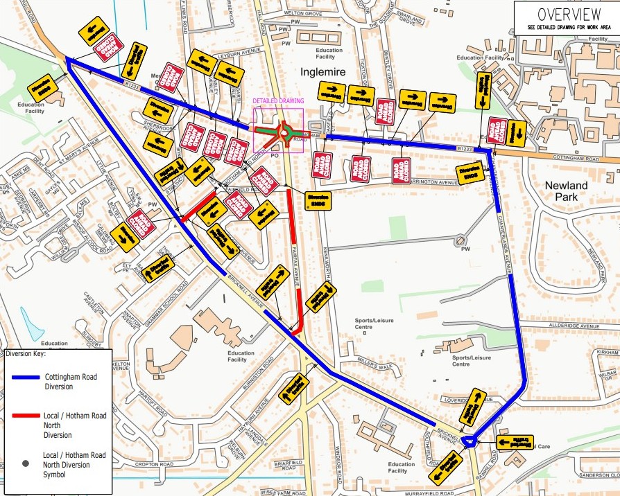 The diversion route for motorists and the travelling public while the Cottingham Road/Hall Road Roundabout works are undertaken. 
