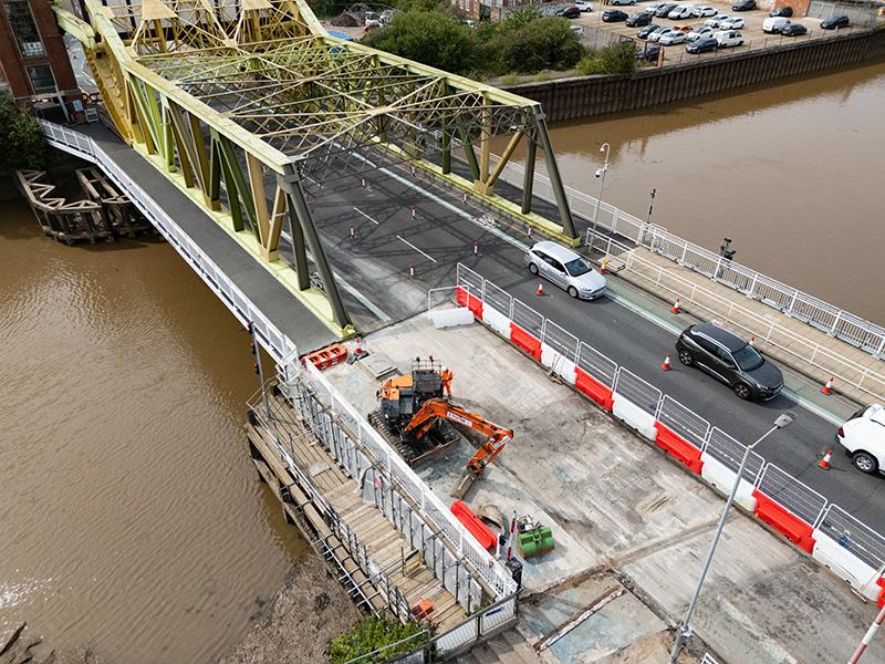 An aerial shot of the strengthening and repair work to Drypool Bridge
