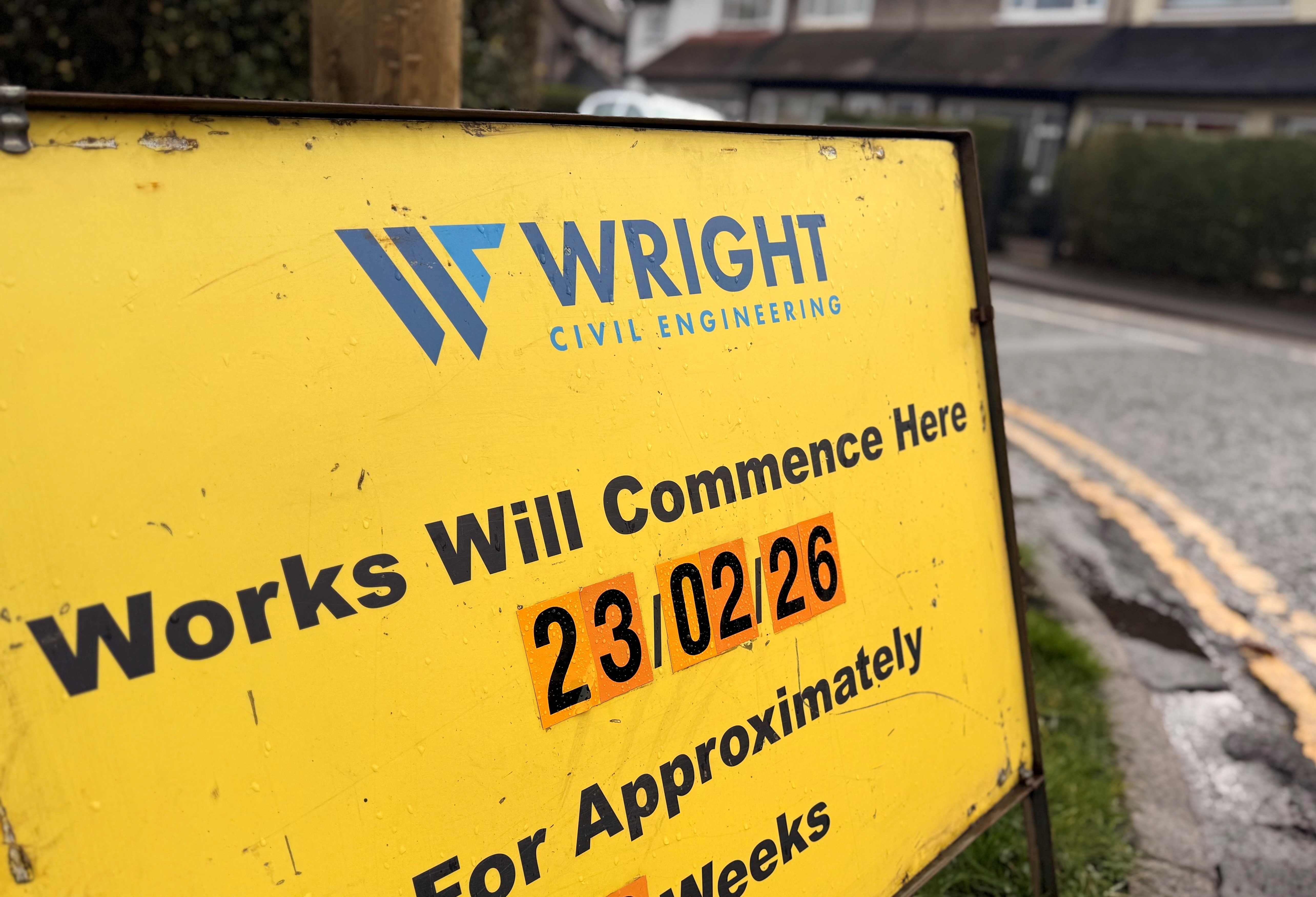 A road sign promoting the upcoming works on Elm Avenue, starting on Monday 23 February 2026.