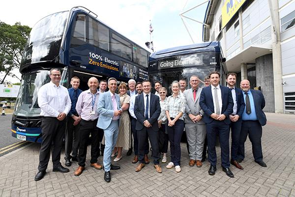 Dignitaries from Stagecoach East Midlands, Hull City Council and East Riding of Yorkshire Council at the operator's electric bus launch event at the MKM Stadium