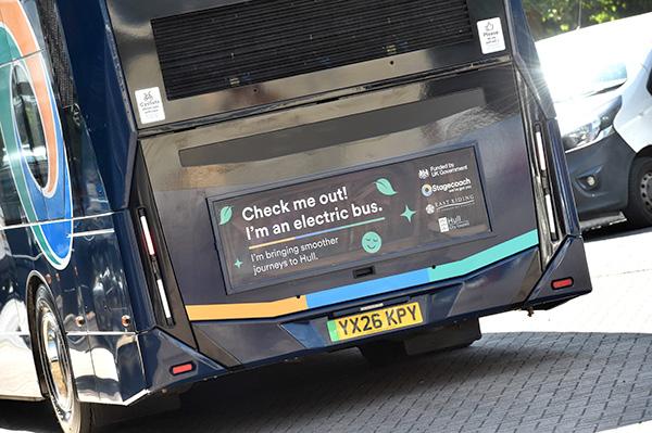 The back of a Stagecoach East Midlands electric bus